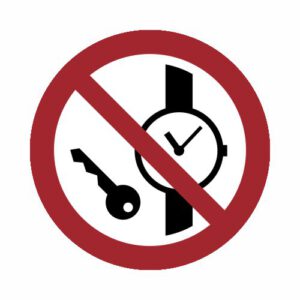 Verbotszeichen - Mitführen von Metallteilen oder Uhren verboten